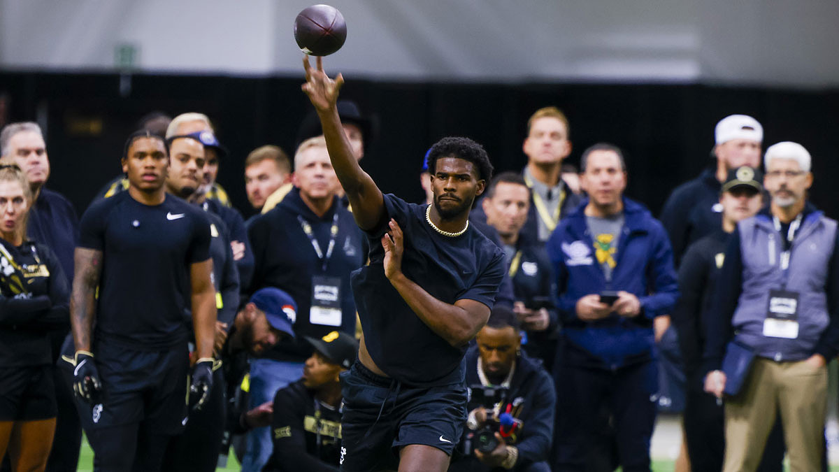 Colorado Buffaloes quarterback Shedeur Sanders (2) passes the ball at the University of Colorado NFL Showcase at the CU Indoor Practice Facility.