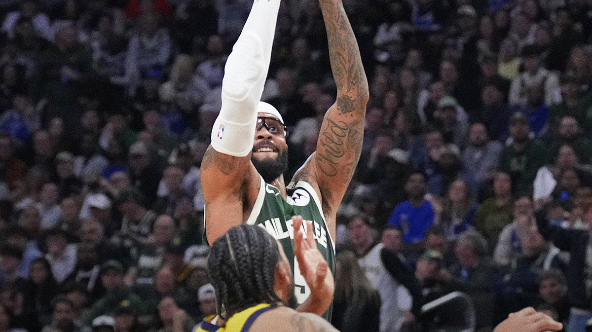 Milwaukee Bucks guard Gary Trent Jr. (5) puts up a shot against Indiana Pacers forward Obi Toppin (1) in the second half during game three of first round for the 2024 NBA Playoffs at Fiserv Forum.