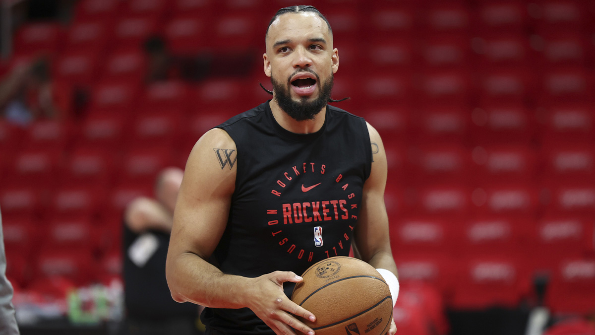 Houston Rockets forward Dillon Brooks (9) warms up before the game against the Golden State Warriors at Toyota Center.
