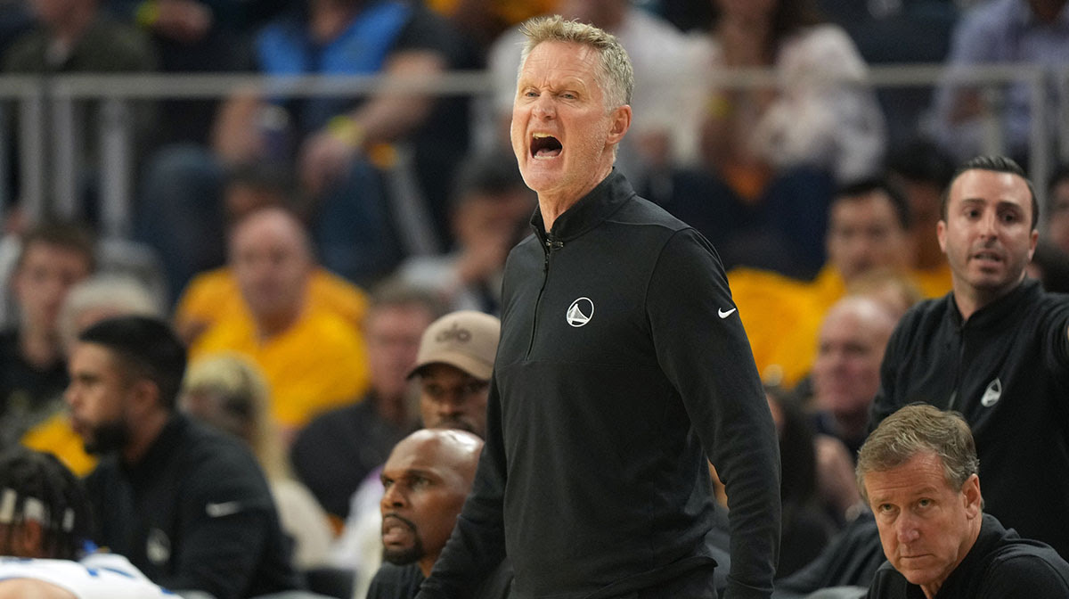 Golden State Warriors head coach Steve Kerr yells during the second quarter of game three of first round for the 2024 NBA Playoffs at Chase Center.