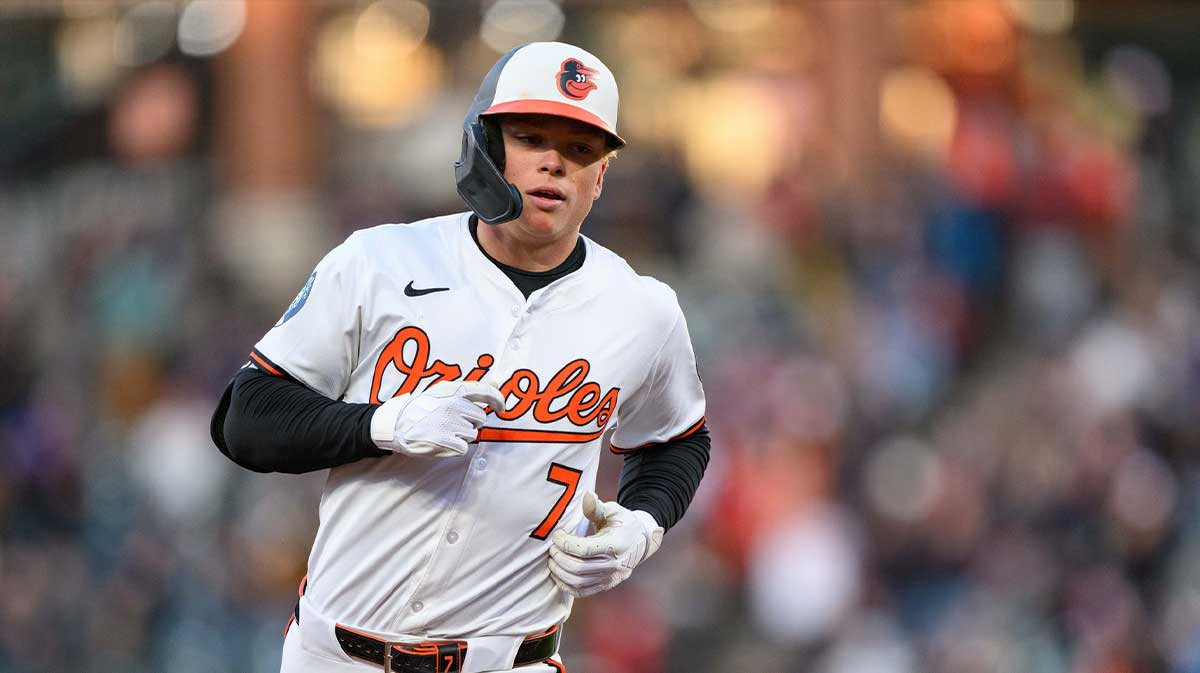 Baltimore Orioles second baseman Jackson Holliday (7) rounds the bases after hitting a home run during the second inning against the Cleveland Guardians at Oriole Park at Camden Yards.
