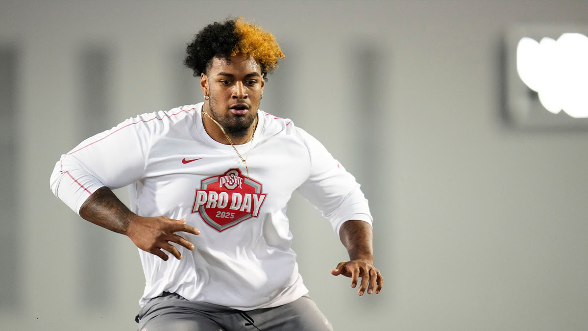Ohio State Buckeyes offensive lineman Josh Simmons works out during the pro day for NFL scouts at the Woody Hayes Athletic Cente on March 26, 2025.