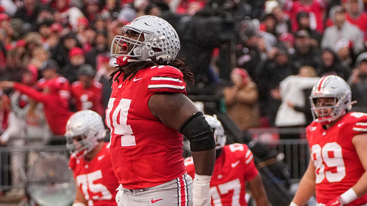 Ohio State offensive lineman Donovan Jackson (74) moved from guard to tackle this season following an injury to Josh Simmons.