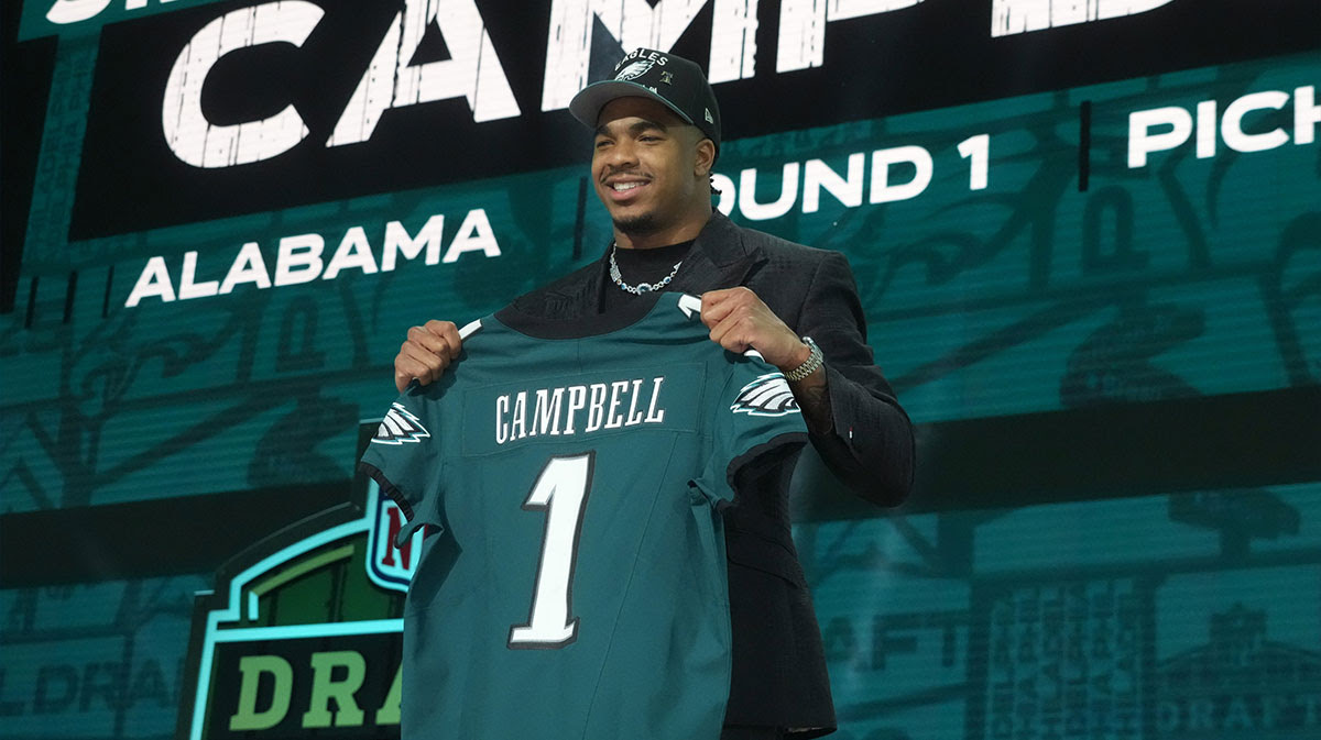 Alabama Crimson Tide linebacker Jihaad Campbell is selected by the Philadelphia Eagles as the number 31 pick in the first round of the 2025 NFL Draft at Lambeau Field.