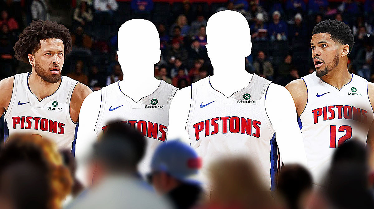 Two mystery players in Detroit Pistons jerseys in the middle, Kawhi Leonard and James Harden around them, Detroit Pistons wallpaper in the background