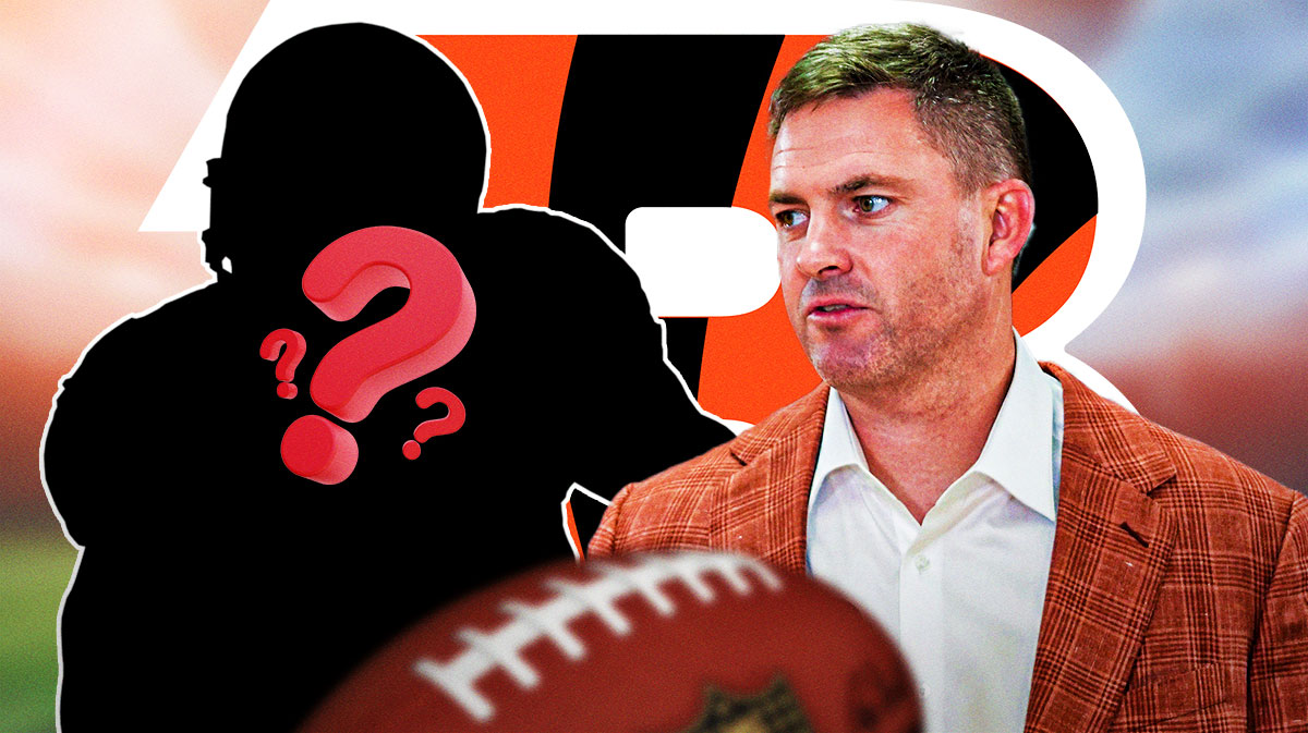 Cincinnati Bengals head coach Zac Taylor next to a silhouette of an American football player with a big question mark emoji inside. There is also a logo for the Cincinnati Bengals.