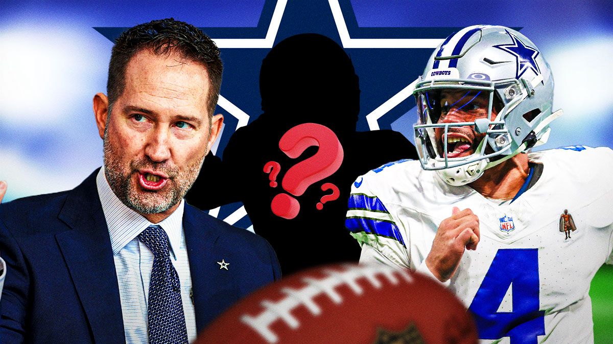 Dallas Cowboys head coach Brian Schottenheimer with QB Dak Prescott and a silhouette of an American football player with a big question mark emoji inside. There is also a logo for the Dallas Cowboys.