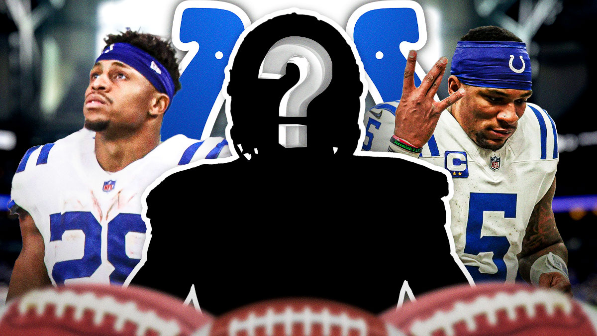 Mystery player in the middle, Anthony Richardson and Jonathan Taylor around him, Colts logo in the background