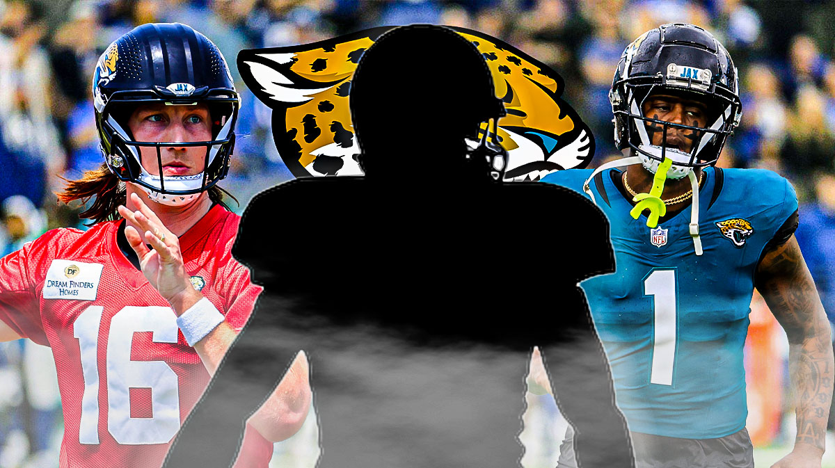 Mystery player in the middle, Trevor Lawrence and Travis Etienne Jr around him, Jaguars logo in the background