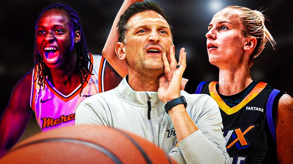 Players Kitija Laksa and Murjanatu Musa in Phoenix Mercury jerseys, with head coach Nate Tibbetts smiling beside them.