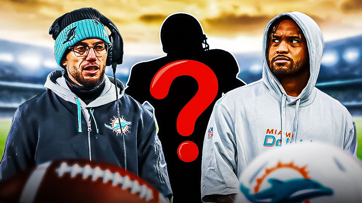 Miami Dolphins head coach Mike McDaniel with QB Tua Tagovailoa and a silhouette of an American football player with a big question mark emoji inside. There is also a logo for the Miami Dolphins.