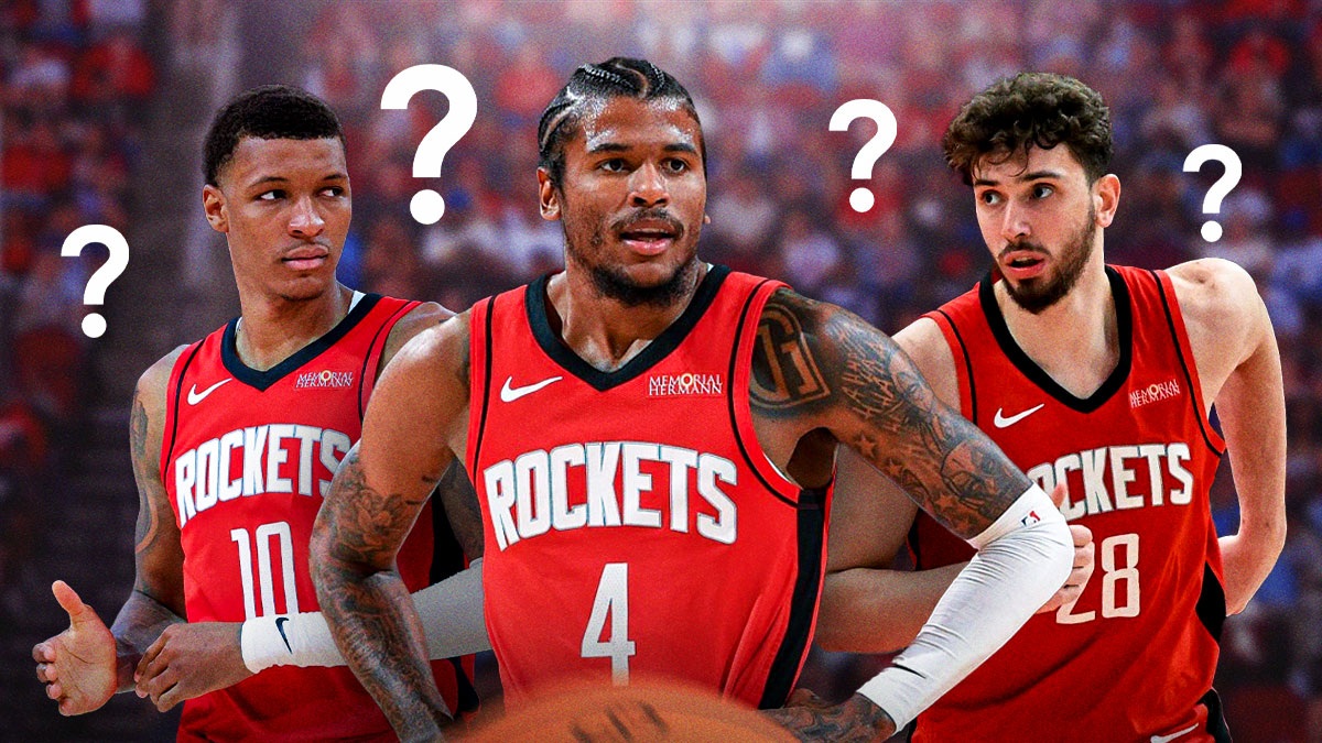 Rockets' Jalen Green, Jabari Smith Jr., and Alperen Sengun looking sad with question marks all over
