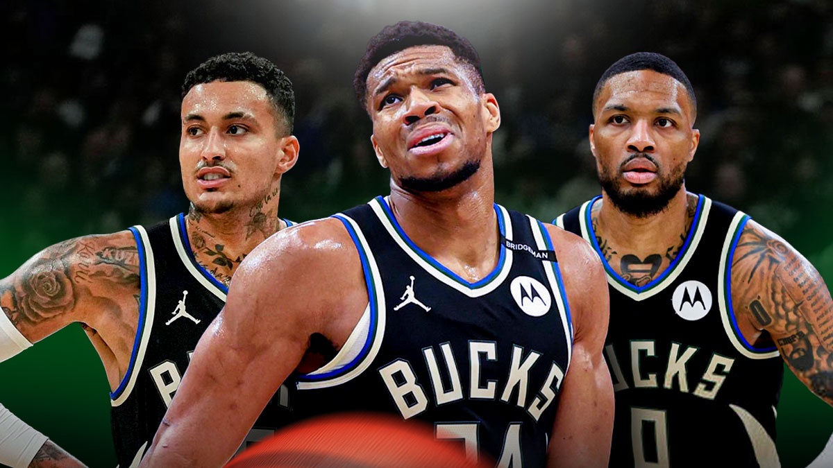 Bucks' Giannis Antetokounmpo, Kyle Kuzma, and Damian Lillard all looking sad