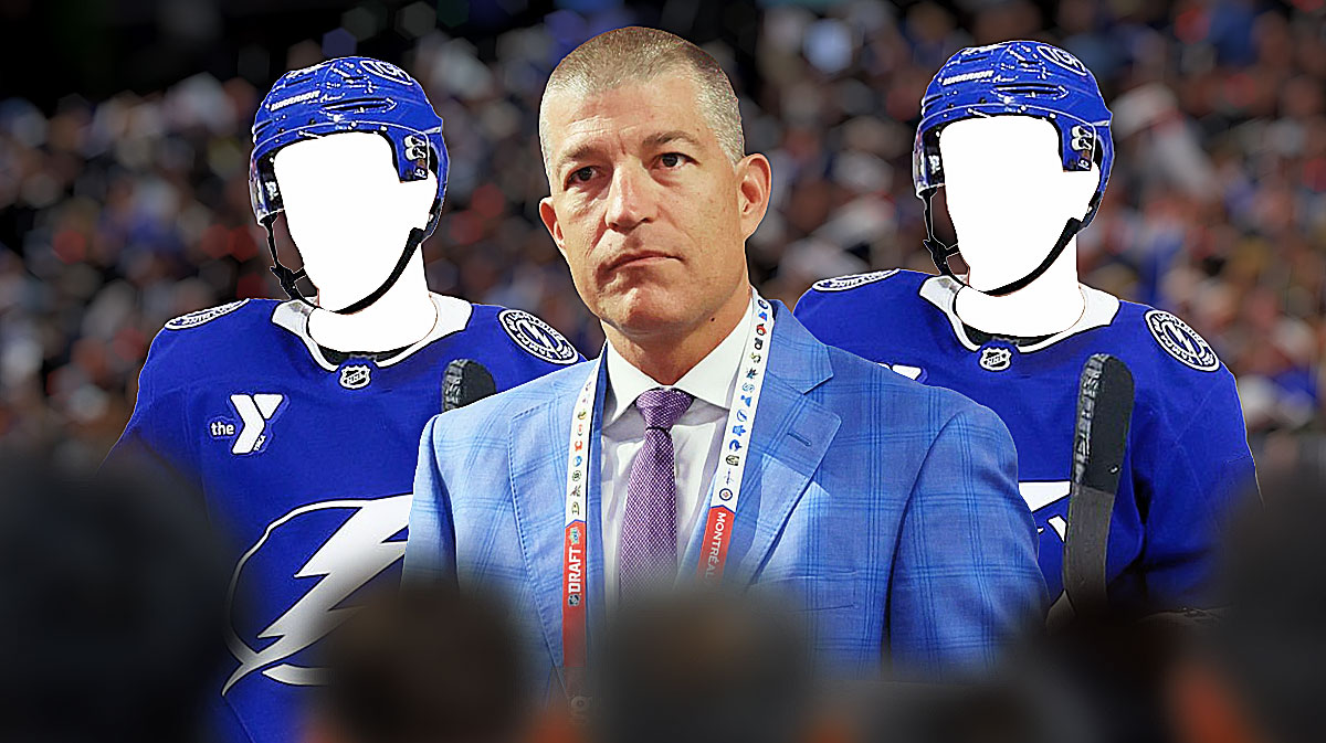 Julien BriseBois in middle, one silhouetted Tampa Bay Lightning player on each side (No C or A on jersey please), hockey rink in background