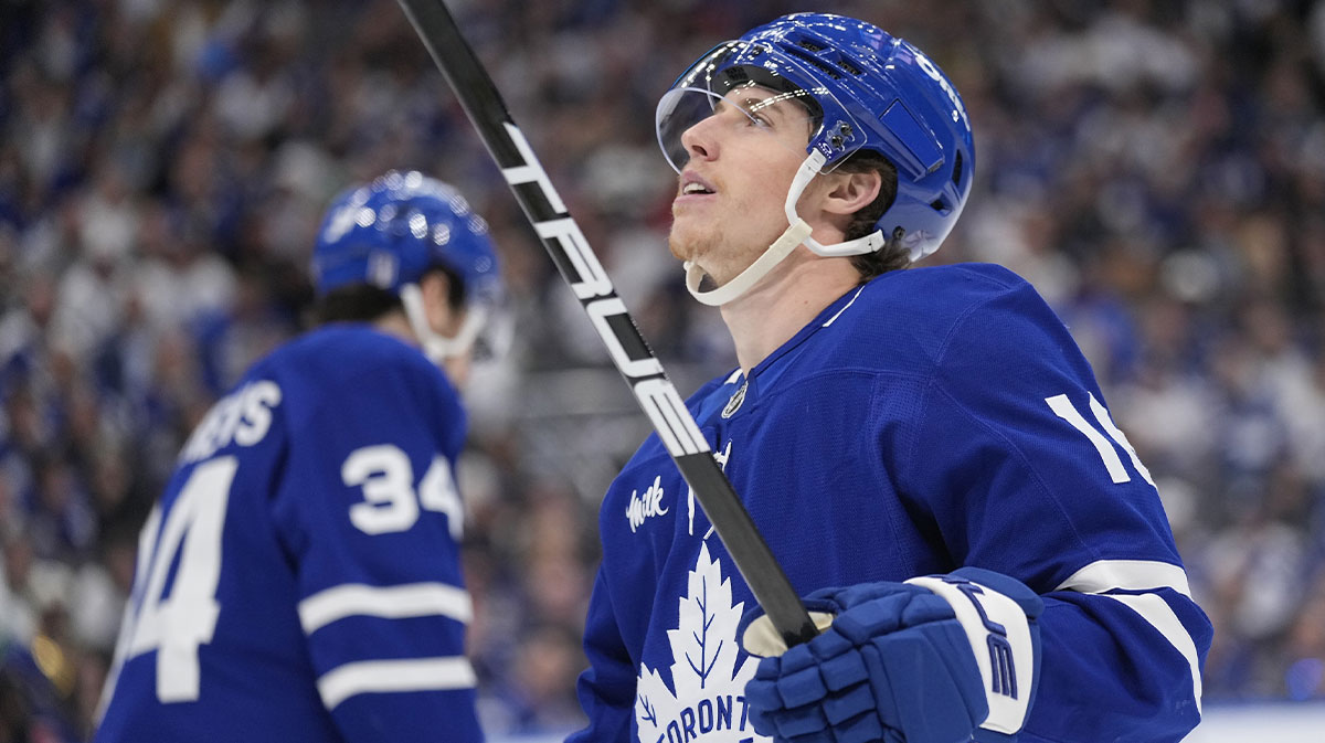 Toronto Maple Leafs forward Mitch Marner (16) looks up at the scoreboard as Toronto Maple Leafs forward Auston Matthews (34) skates to the bench during the third period of game seven of the second round of the 2025 Stanley Cup Playoffs against the Florida Panthers at Scotiabank Arena.