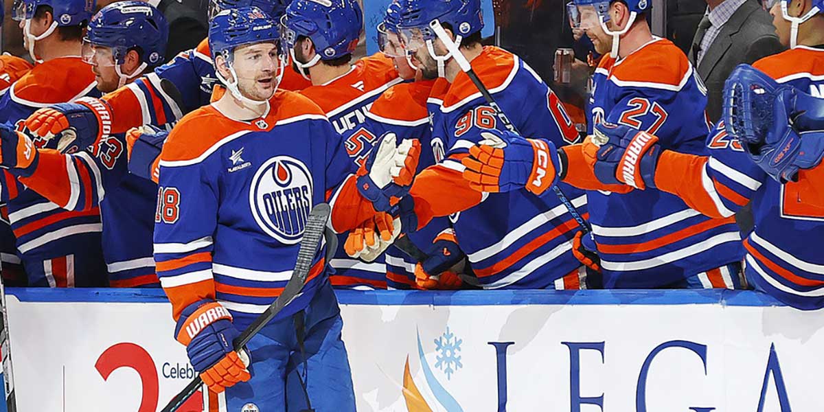 The Edmonton Oilers celebrate a goal scored by forward Zach Hyman (18), his second of the game during the second period against the Utah Hockey Club at Rogers Place.