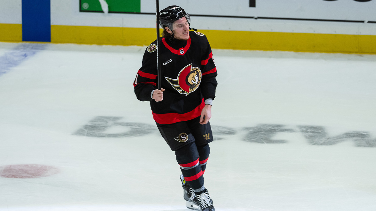 Ottawa Senators right wing Adam Gaudette (81) is named the second star in game against the Carolina Hurricanes at the Canadian Tire Centre.