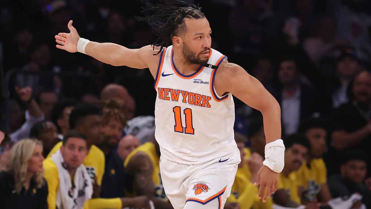 New York Knicks guard Jalen Brunson (11) reacts in the first quarter against the Indiana Pacers during game five of the eastern conference finals for the 2025 NBA Playoffs at Madison Square Garden.