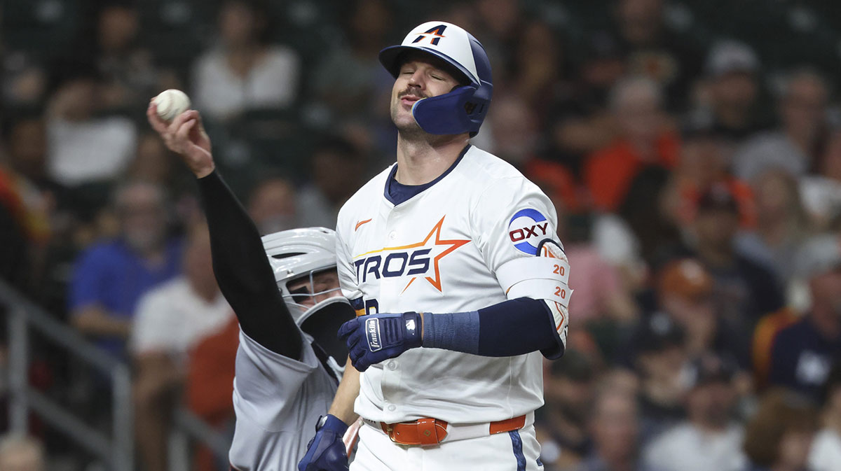 Houston Astros center fielder Chas McCormick (20) reacts after striking out during the third inning against the Detroit Tigers at Daikin Park.