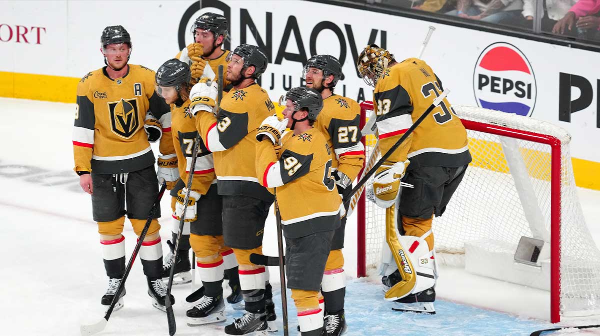 Vegas Golden Knights players react after losing to the Edmonton Oilers in game five of the second round of the 2025 Stanley Cup Playoffs at T-Mobile Arena.