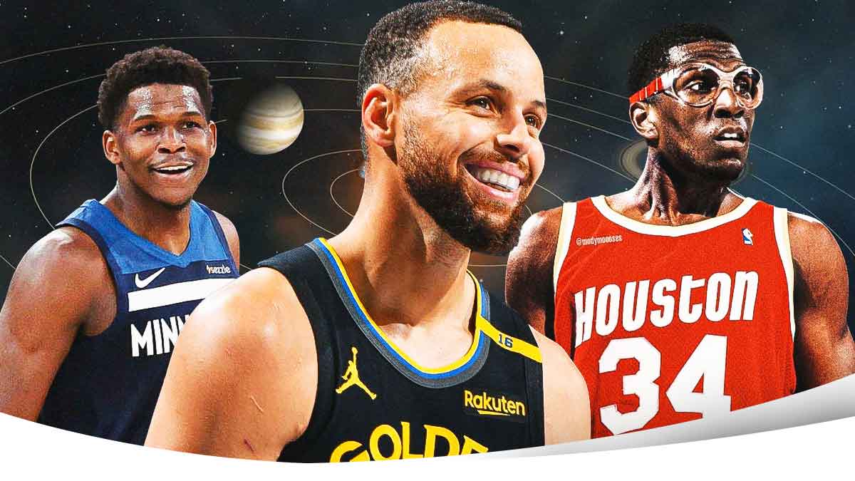 Stephen Curry in the middle, to his right, Kevon Looney from the Looney x Olajuwon meme and Anthony Edwards to his left. All of them in front of a background of space/solar system.