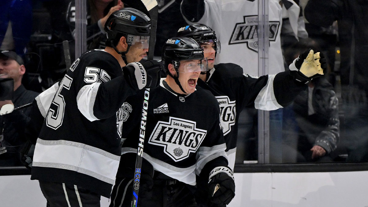 Los Angeles Kings left wing Andrei Kuzmenko (96), center, celebrates after scoring a goal in the second period of game 2 of the 2025 Stanley Cup Playoffs against the Edmonton Oilers at Crypto.com Arena.