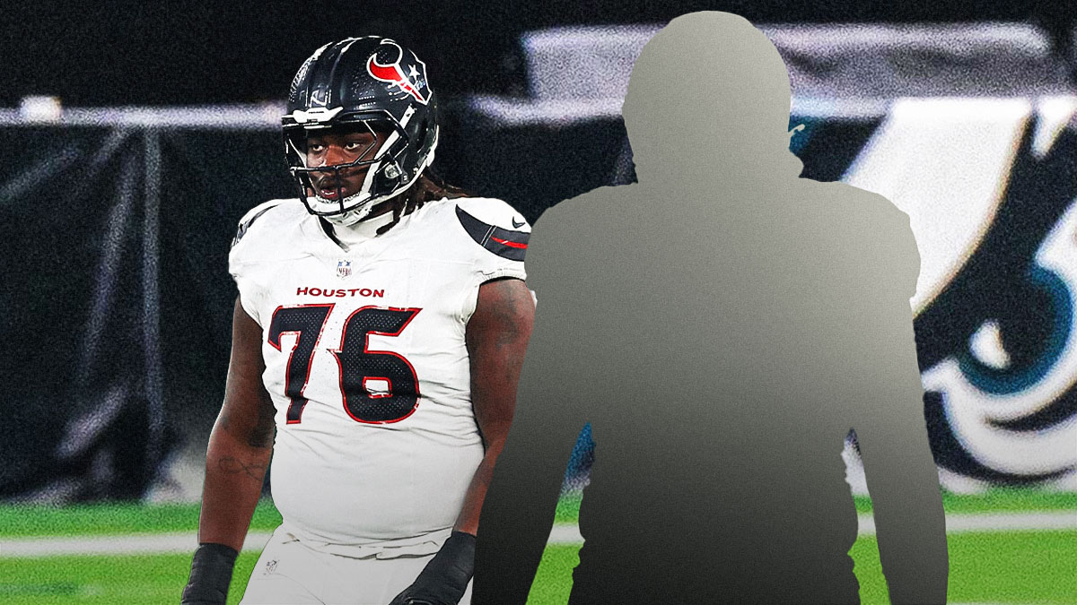 Kenyon Green next to the blacked-out silhouette of Cameron Williams in front of the Eagles stadium.