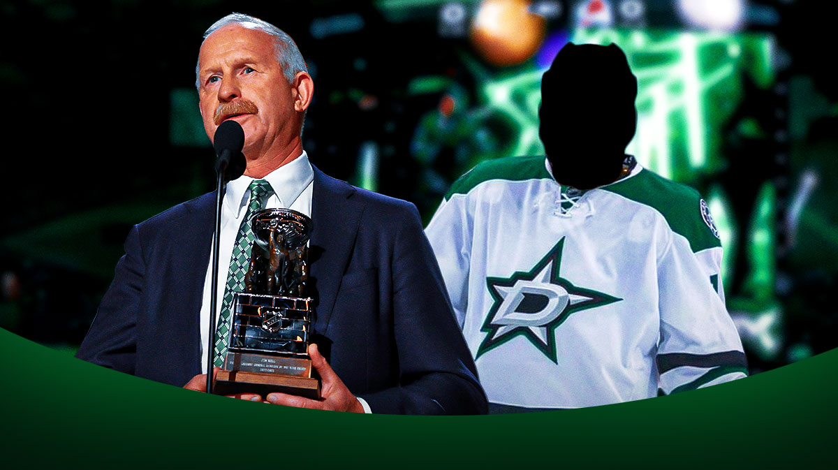 Jim Nill in middle looking stern, one silhouetted Dallas Stars player on either side (No C or A on jersey please), hockey rink in background