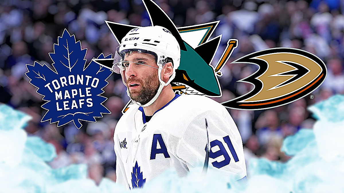 John Tavares surrounded by Maple Leafs, Sharks, and Ducks logos