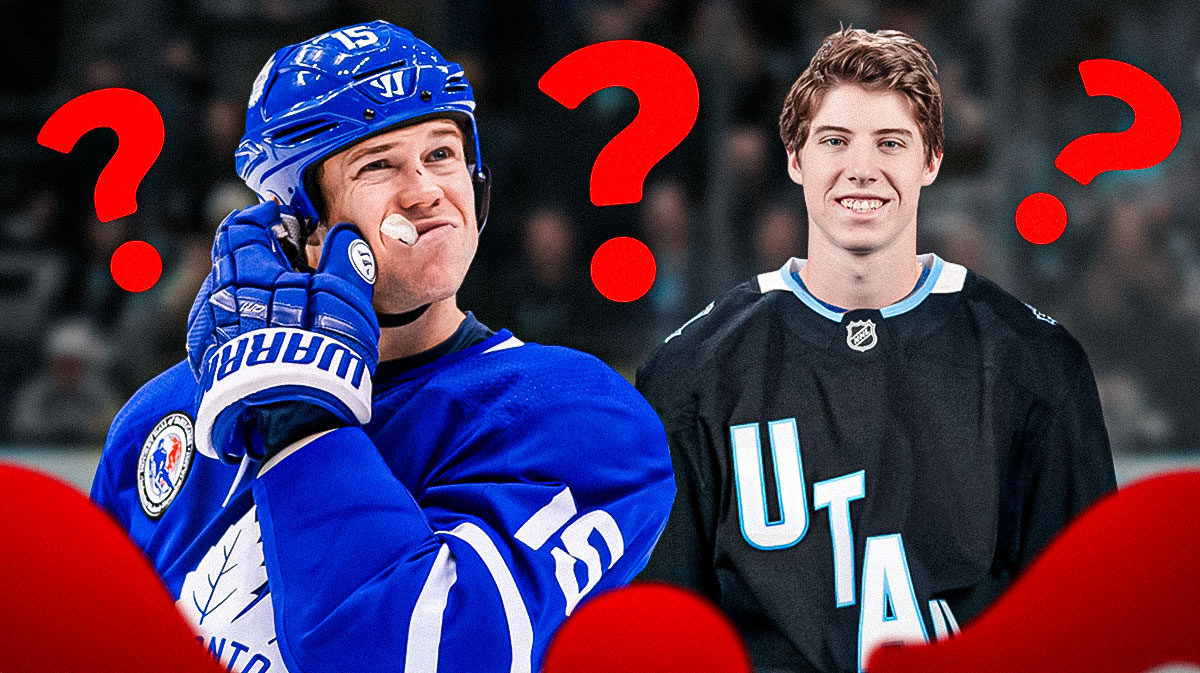 Mitch Marner wearing Toronto Maple Leafs and Utah Mammoth gear.