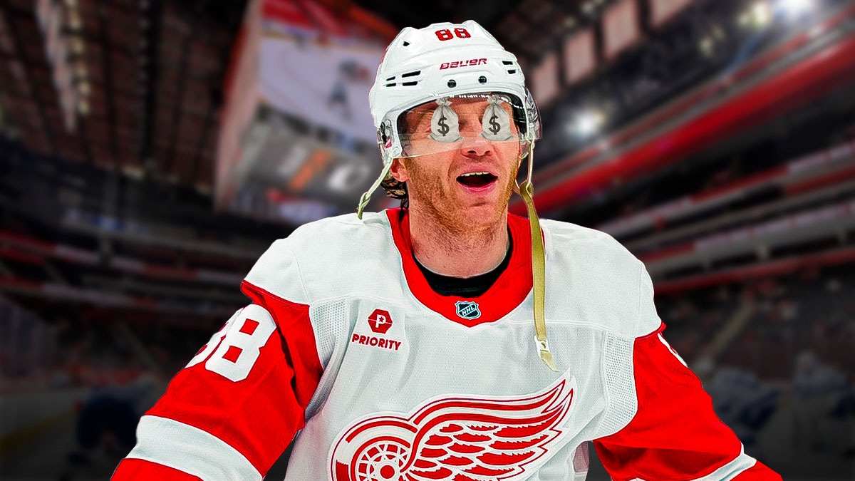 Detroit Red Wings star Patrick Kane with money bags in his eyes.