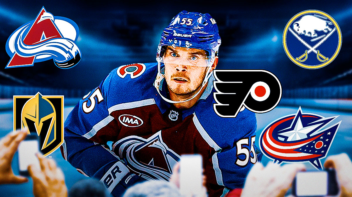 Ryan Lindgren surrounded by Avalanche, Golden Knights, Sabres, Flyers, and Blue Jackets logos