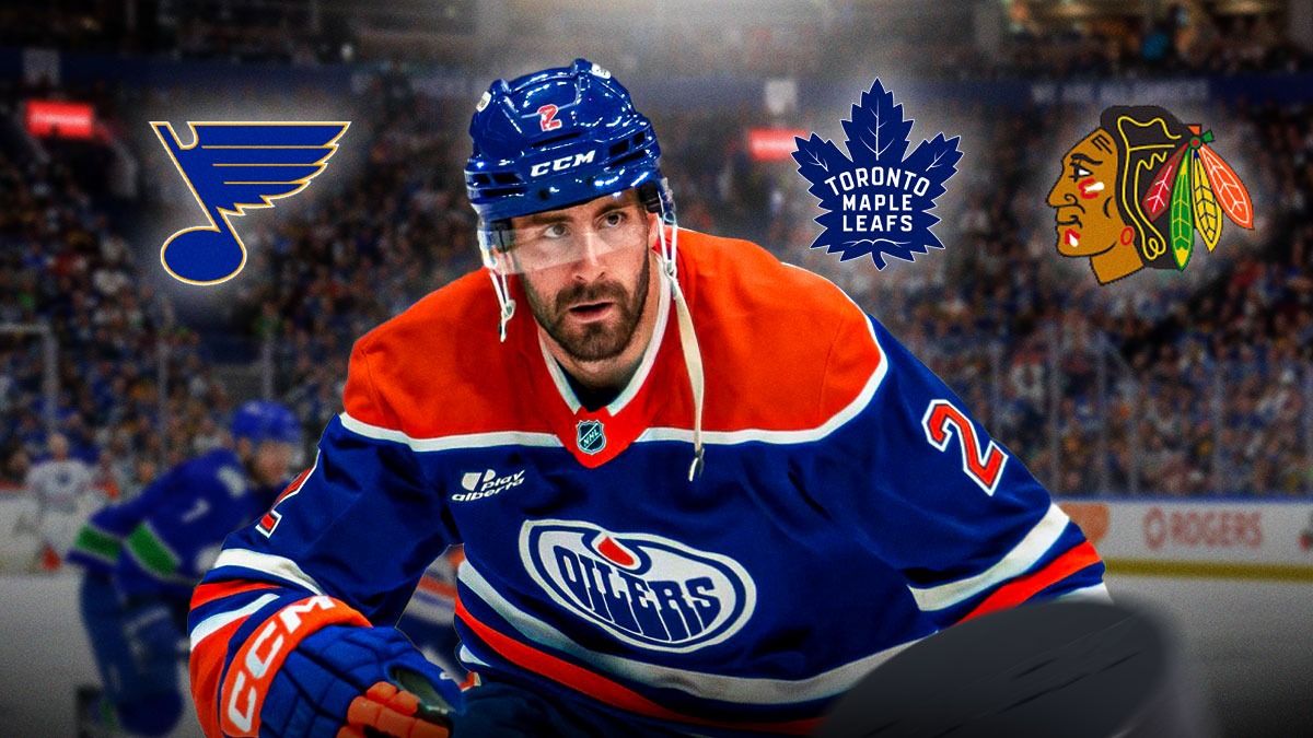 Edmonton Oilers defenseman Evan Bouchard surrounded by potential NHL Free Agency options.