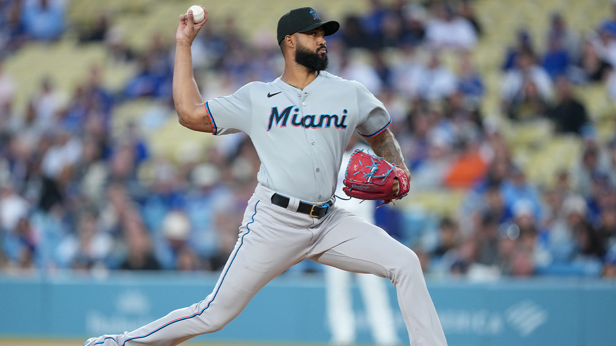 Miami Marlins pitcher Sandy Alcantara (22) throws during the first inning against the Los Angeles Dodgers at Dodger Stadium.