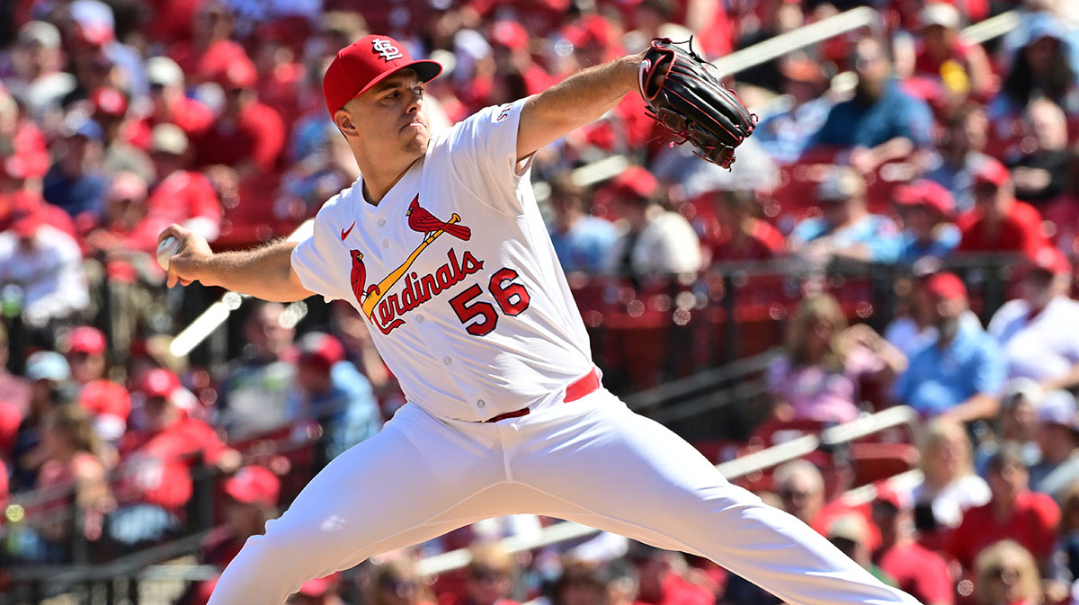 St. Louis Cardinals pitcher Ryan Helsley (56) throws in relief in the ninth inning against the Houston Astros at Busch Stadium.