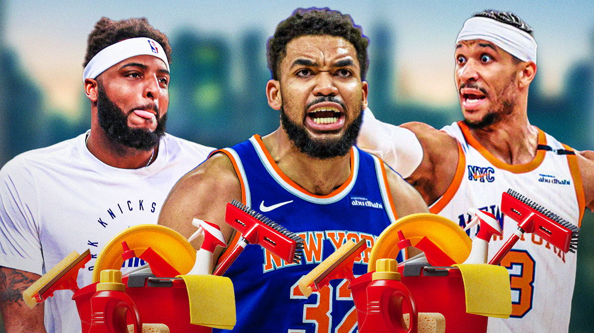 Knicks' Mitchell Robinson, Karl-Anthony Towns, and Josh Hart with squeegees and bottles of windex ideally inside a window cleaning cart/bucket