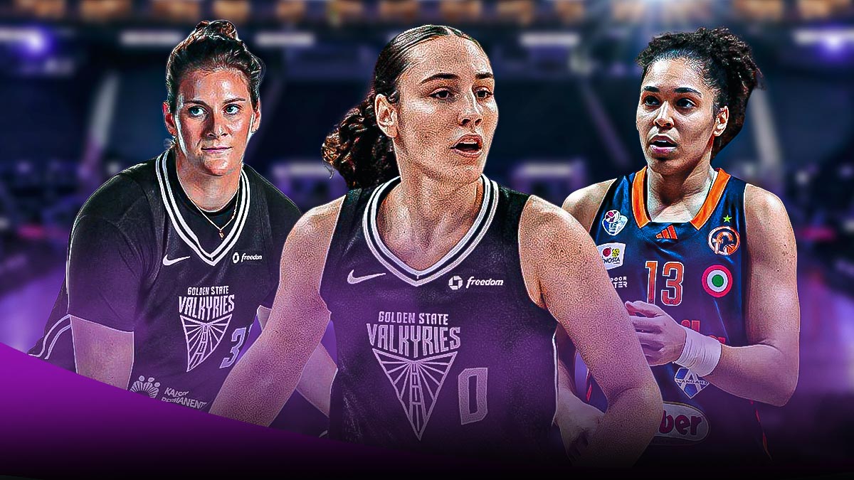 Carla Leite, Janelle Salaun, and Kyara Linskens surrounded by a purple-tinted fog and the Valkyries logo in the background