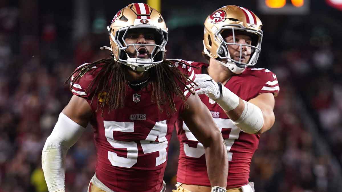 San Francisco 49ers linebacker Fred Warner (54) reacts after making a tackle against the Los Angeles Rams in the fourth quarter at Levi's Stadium.