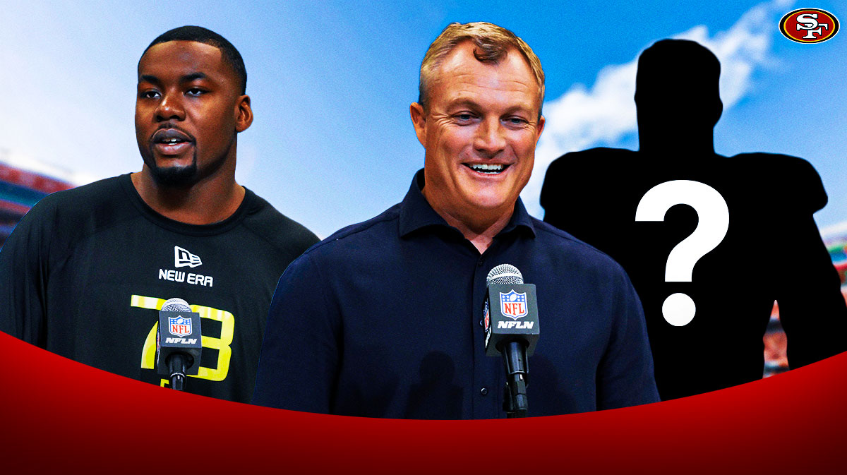 San Francisco 49ers GM John Lynch next to defensive end Mykel Williams and a silhouette of an American football player with a big question mark emoji inside. There is also a logo for the San Francisco 49ers.
