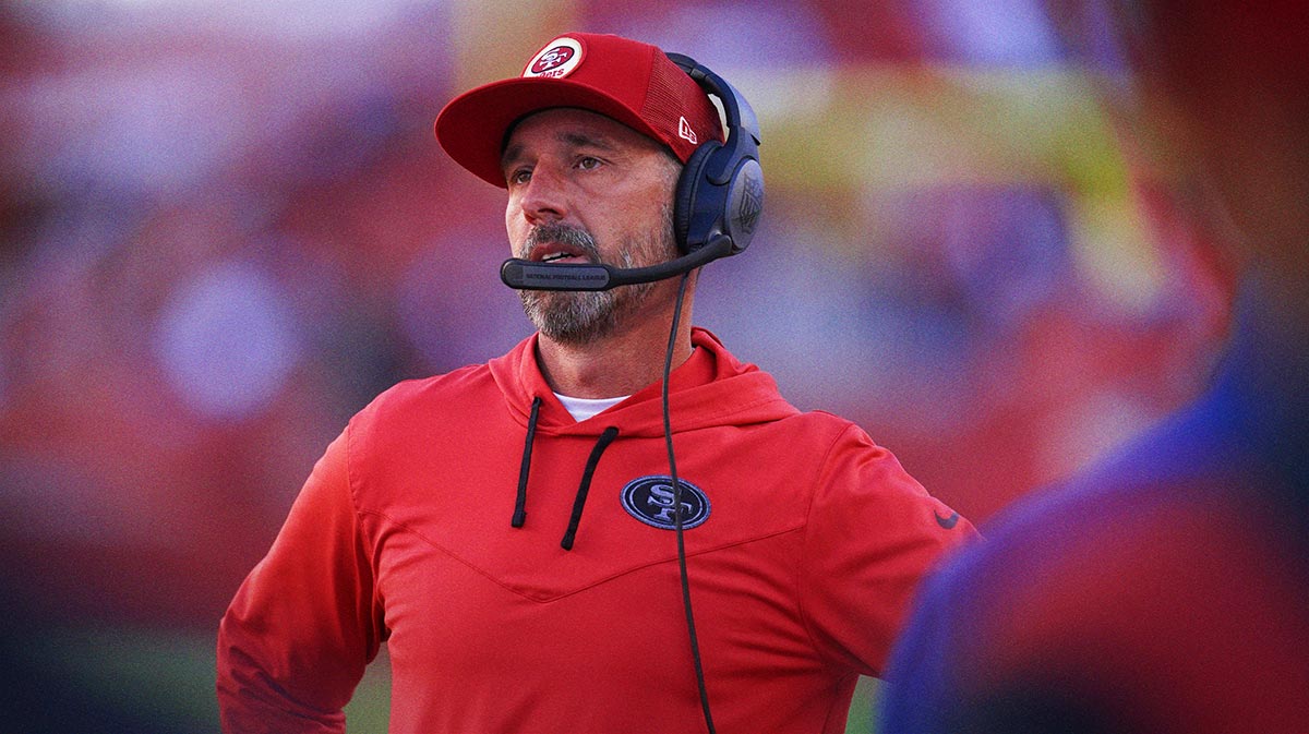 Oct 23, 2022; Santa Clara, California, USA; San Francisco 49ers head coach Kyle Shanahan reacts after the 49ers lost a fumble against the Kansas City Chiefs in the fourth quarter at Levi's Stadium. Mandatory Credit: Cary Edmondson-Imagn Images