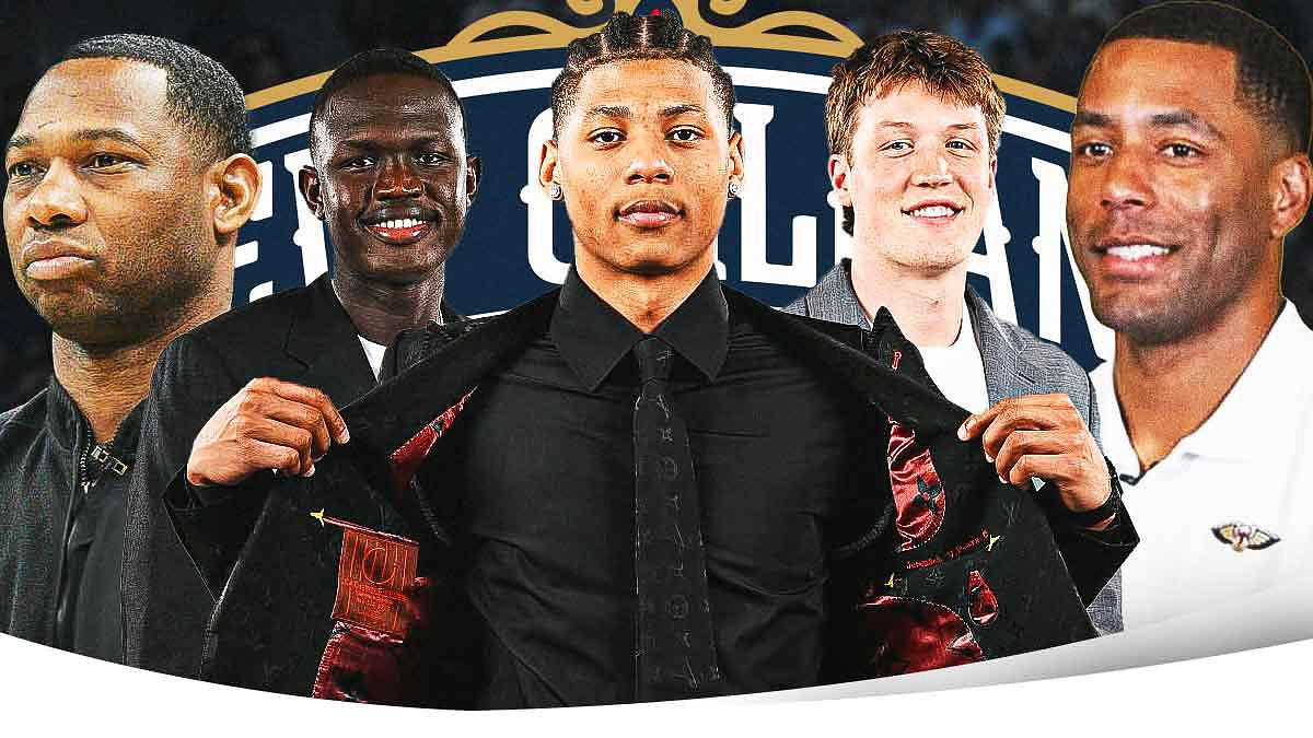 Khaman Maluach, Jeremiah Fears, Kon Knueppel in the middle - Head coach Willie Green, and GM Bryson Graham around them - New Orleans Pelicans wallpaper in the background
