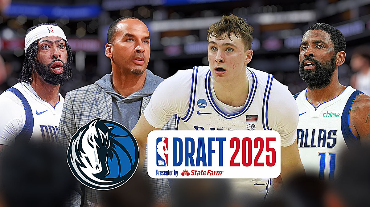 Nico Harrison and Cooper Flagg in the middle of the graphic. Kyrie Irving and Anthony Davis on each side of them. Mavericks logo and NBA Draft logo front and center.