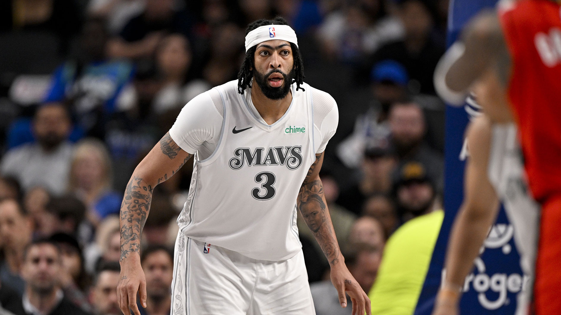 Dallas Mavericks forward Anthony Davis (3) looks on during the second half against the Houston Rockets at the American Airlines Center.