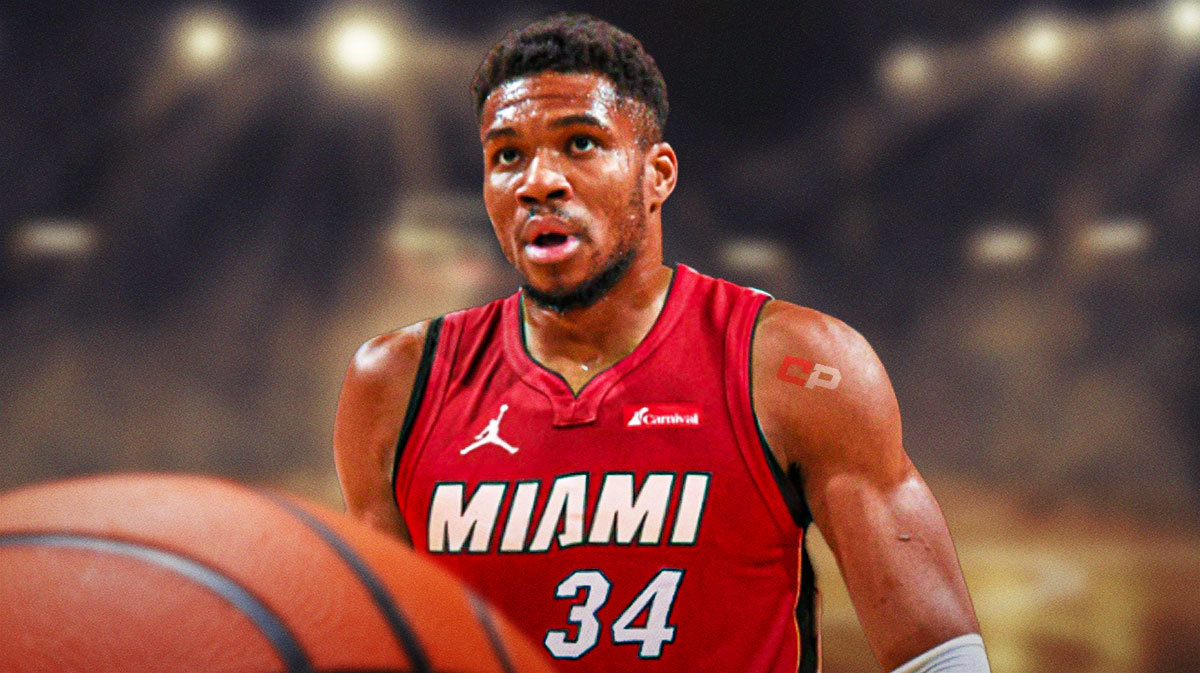 Giannis Antetokounmpo photoshopped in Heat jersey. Number 34.