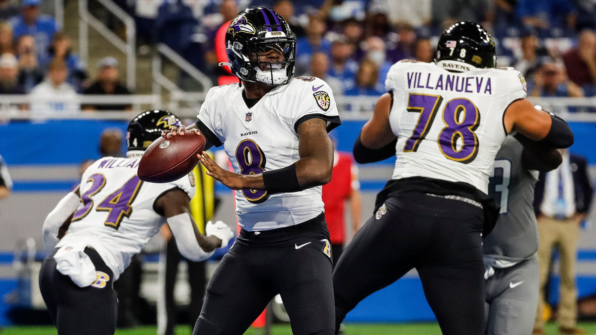Baltimore Ravens quarterback Lamar Jackson makes a pass against the Detroit Lions during the first half at Ford Field in Detroit on Sunday, Sept. 26, 2021.