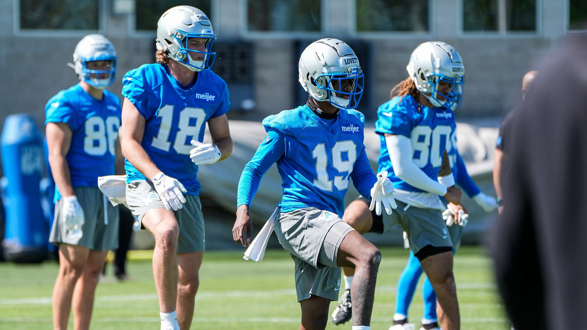 Detroit Lions wide receivers Dominic Lovett (19) and Isaac TeSlaa (18) practice during rookie minicamp at Meijer Performance Center in Allen Park on Friday, May 9, 2025.