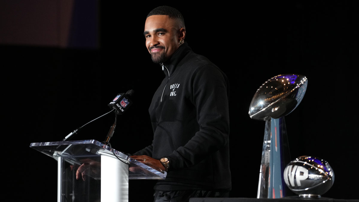 Philadelphia Eagles quarterback Jalen Hurts (1) speaks at the Super Bowl LIX Winning Head Coach and Most Valuable Player press conference at the Ernest N. Morial Convention Center.