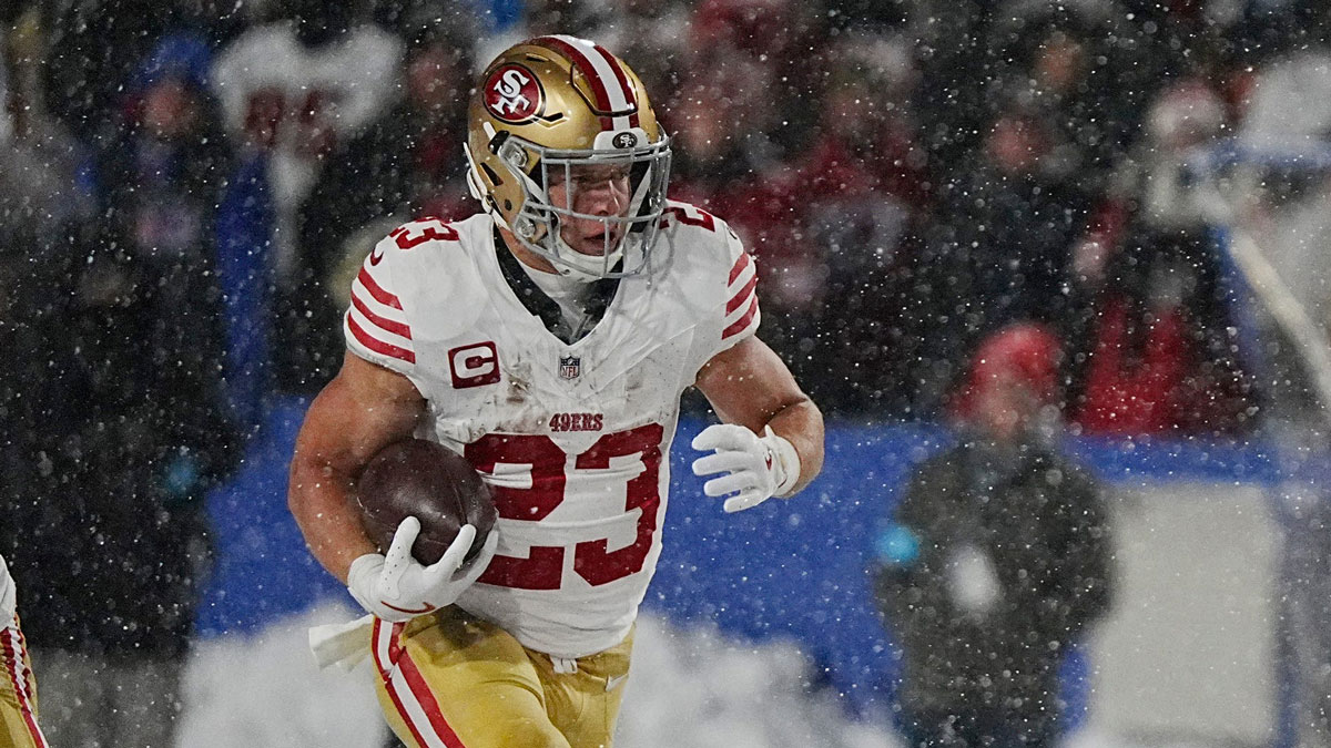 49ers Christian McCaffrey carries the ball for several yards during first half action of their home game against the San Francisco 49ers in Orchard Park on Dec. 1, 2024.