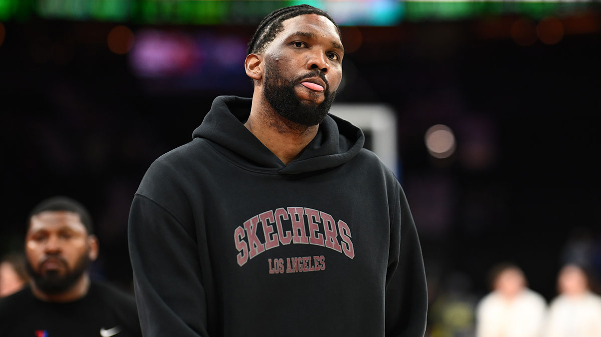 Philadelphia 76ers center Joel Embiid looks on after the game against the Milwaukee Bucks at Wells Fargo Center.
