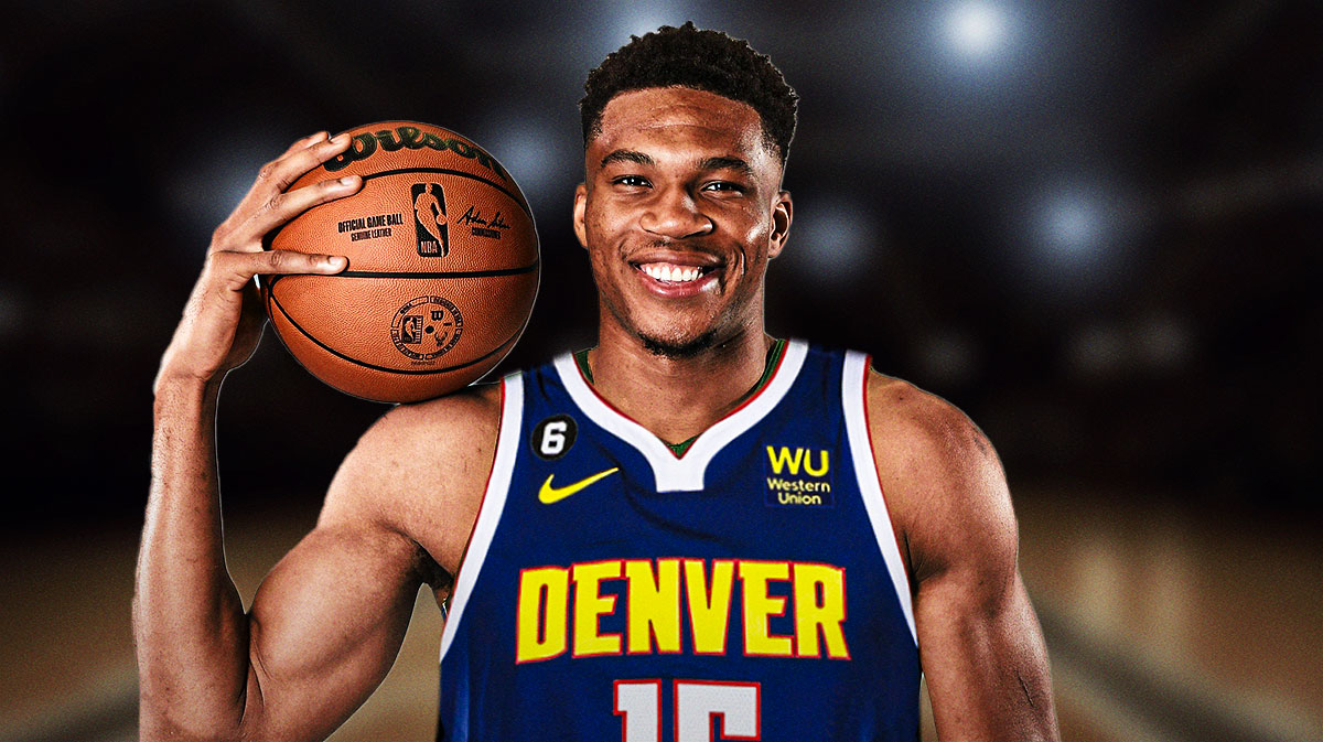 Number 34 Giannis Antetokounmpo photoshopped in Nuggets jersey.